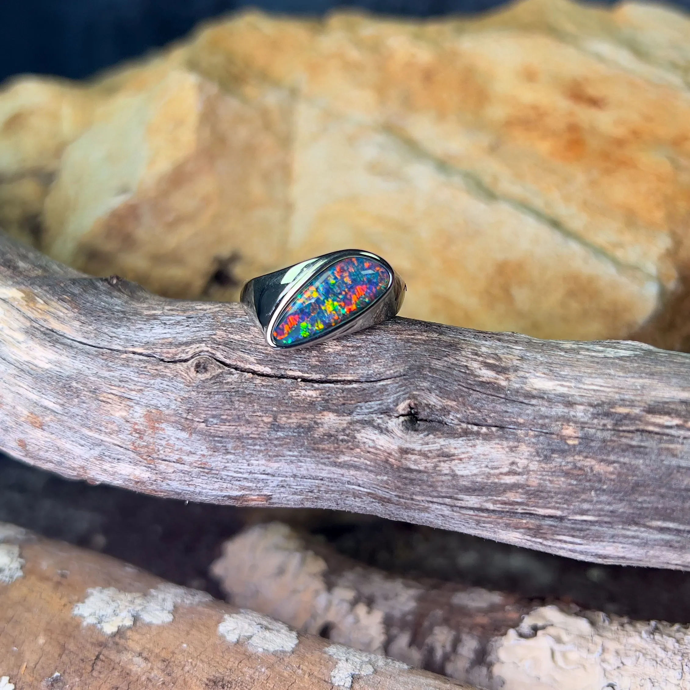 Sterling Silver shaped mens thin band with Opal triplet ring