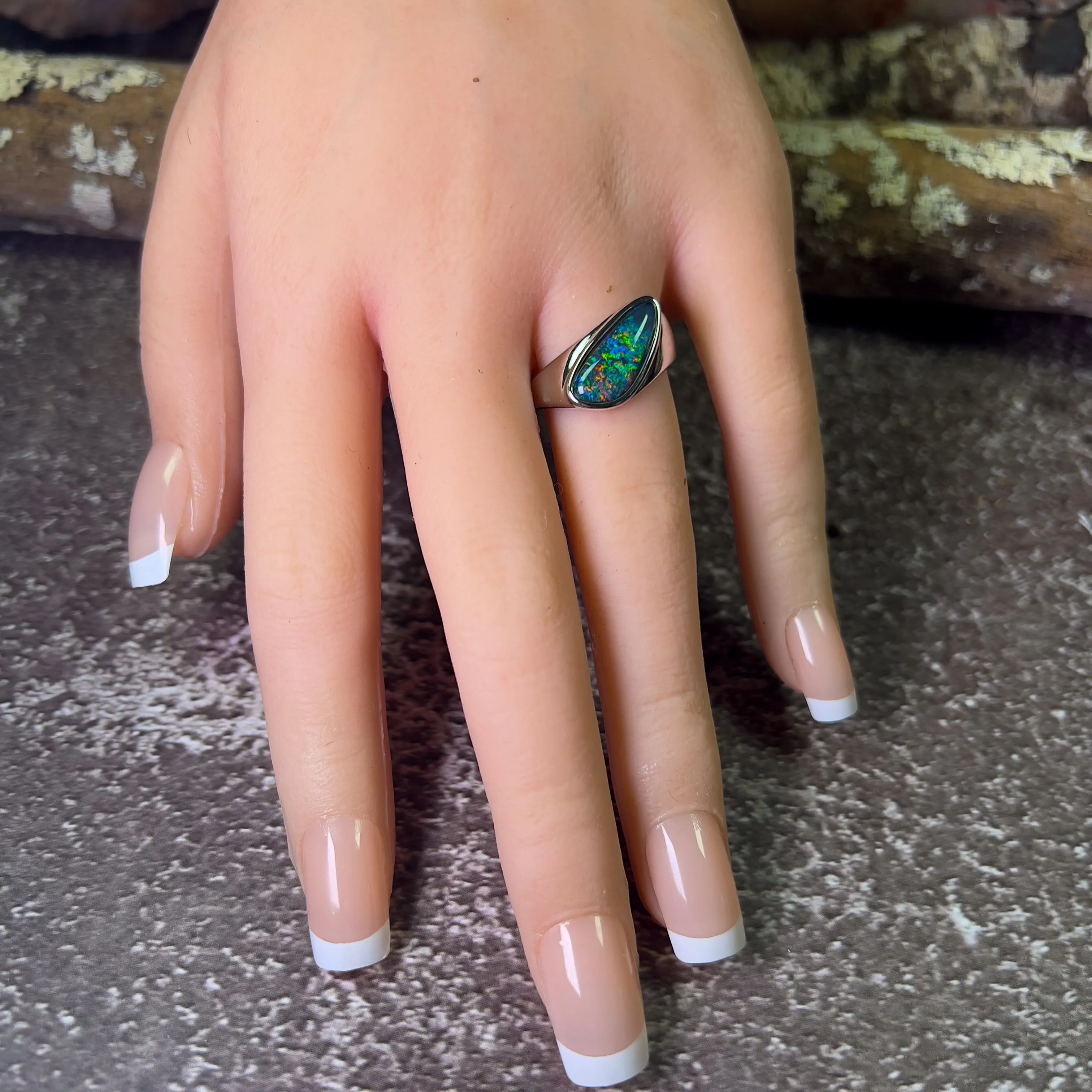 Sterling Silver shaped mens thin band with Opal triplet ring