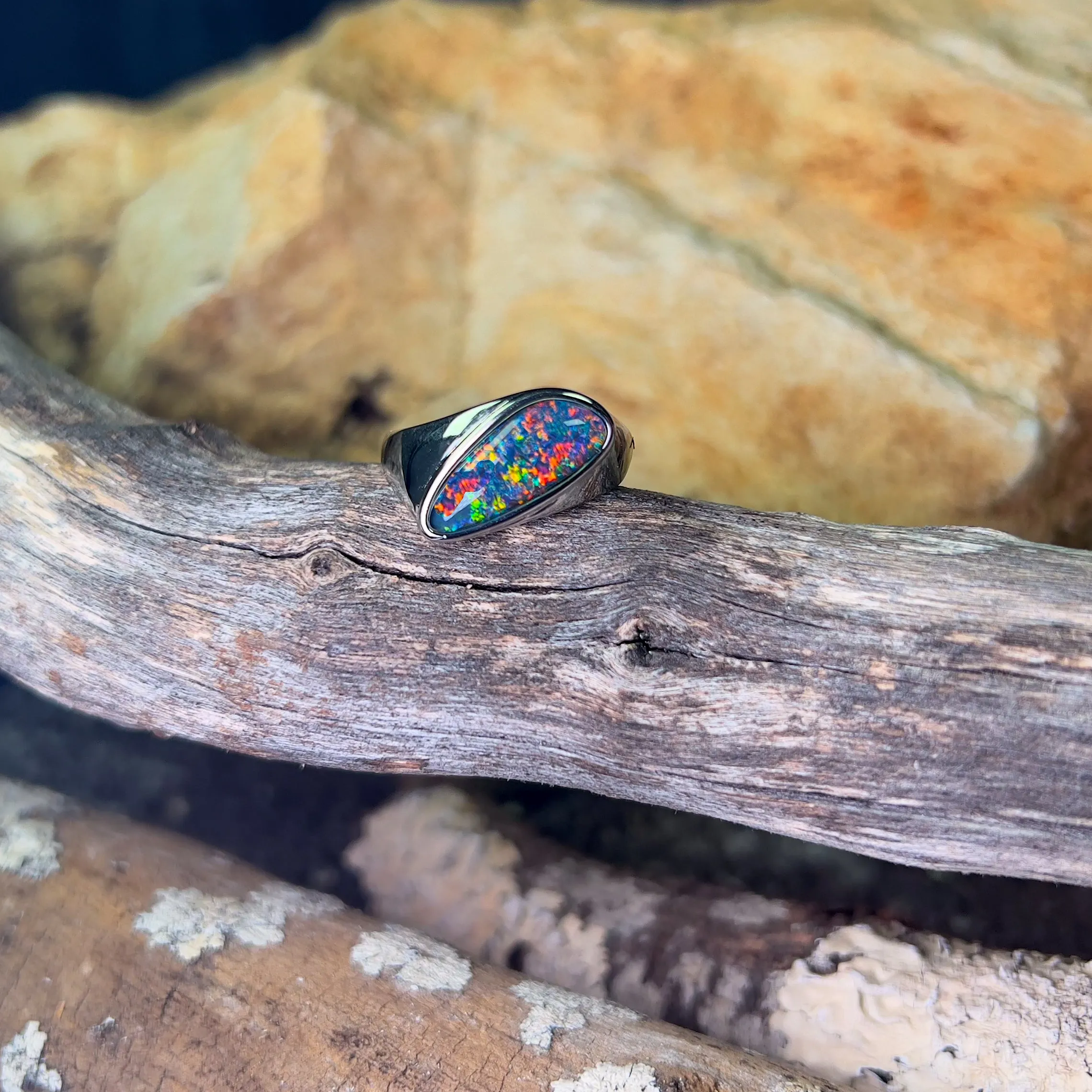 Sterling Silver shaped mens thin band with Opal triplet ring
