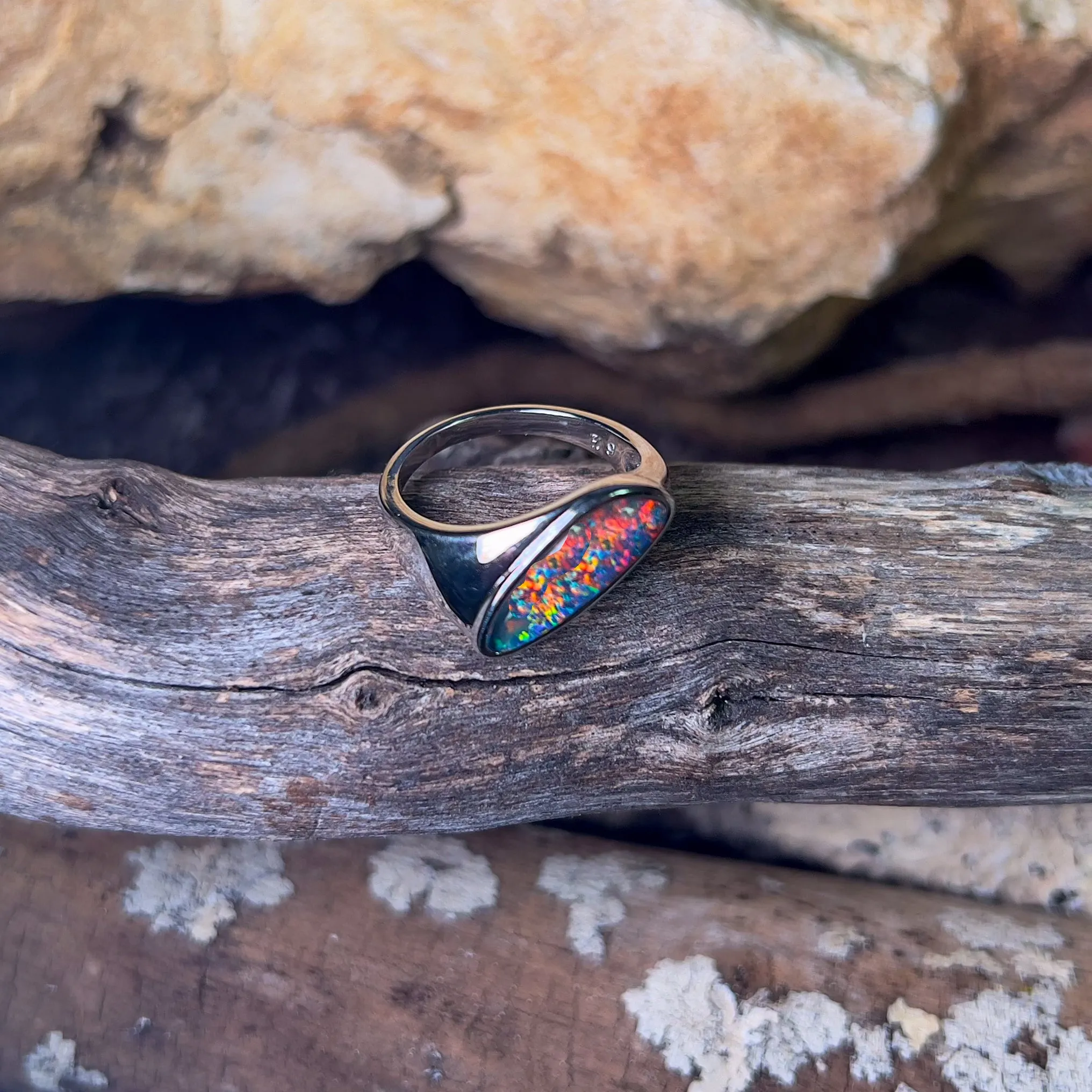 Sterling Silver shaped mens thin band with Opal triplet ring