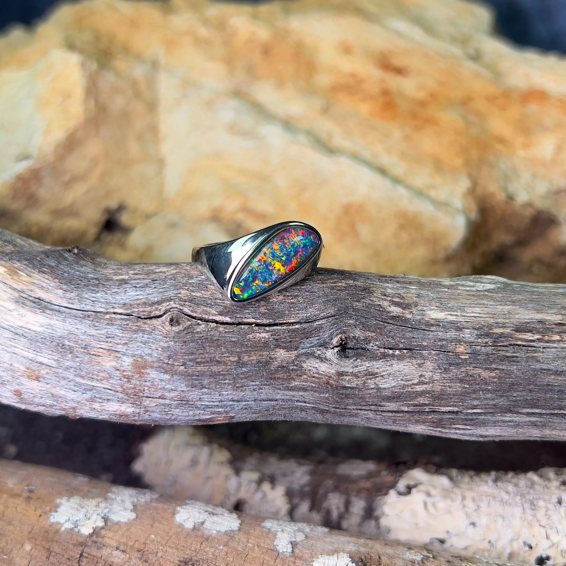 Sterling Silver shaped mens thin band with Opal triplet ring
