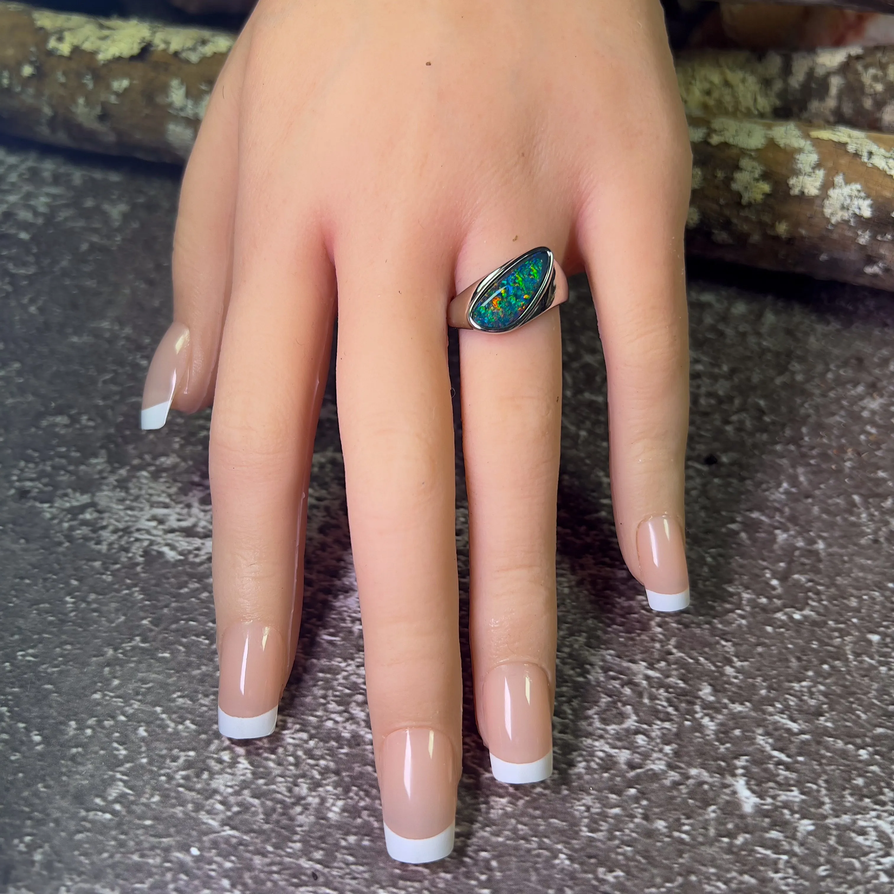 Sterling Silver shaped mens thin band with Opal triplet ring