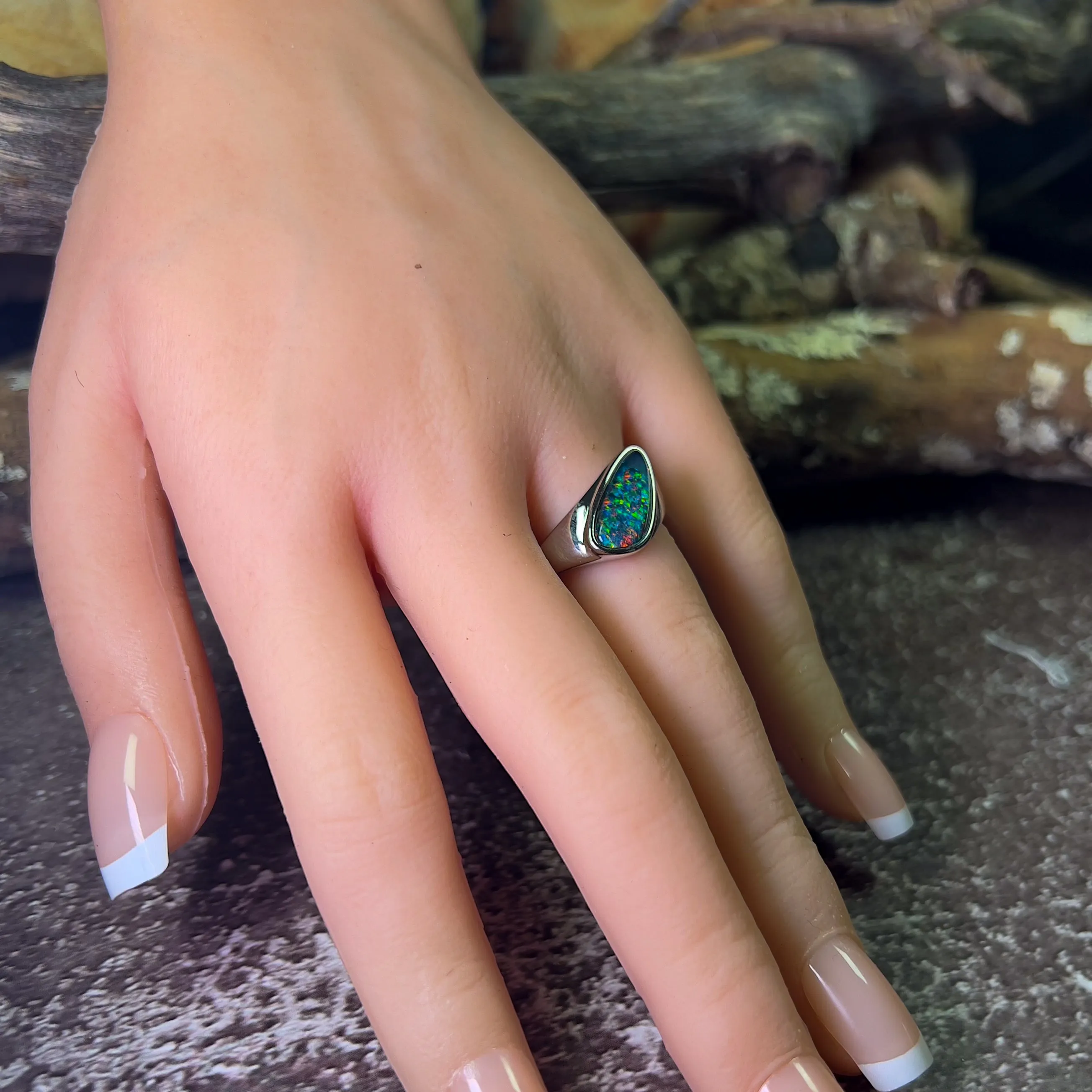 Sterling Silver shaped mens thin band with Opal triplet ring