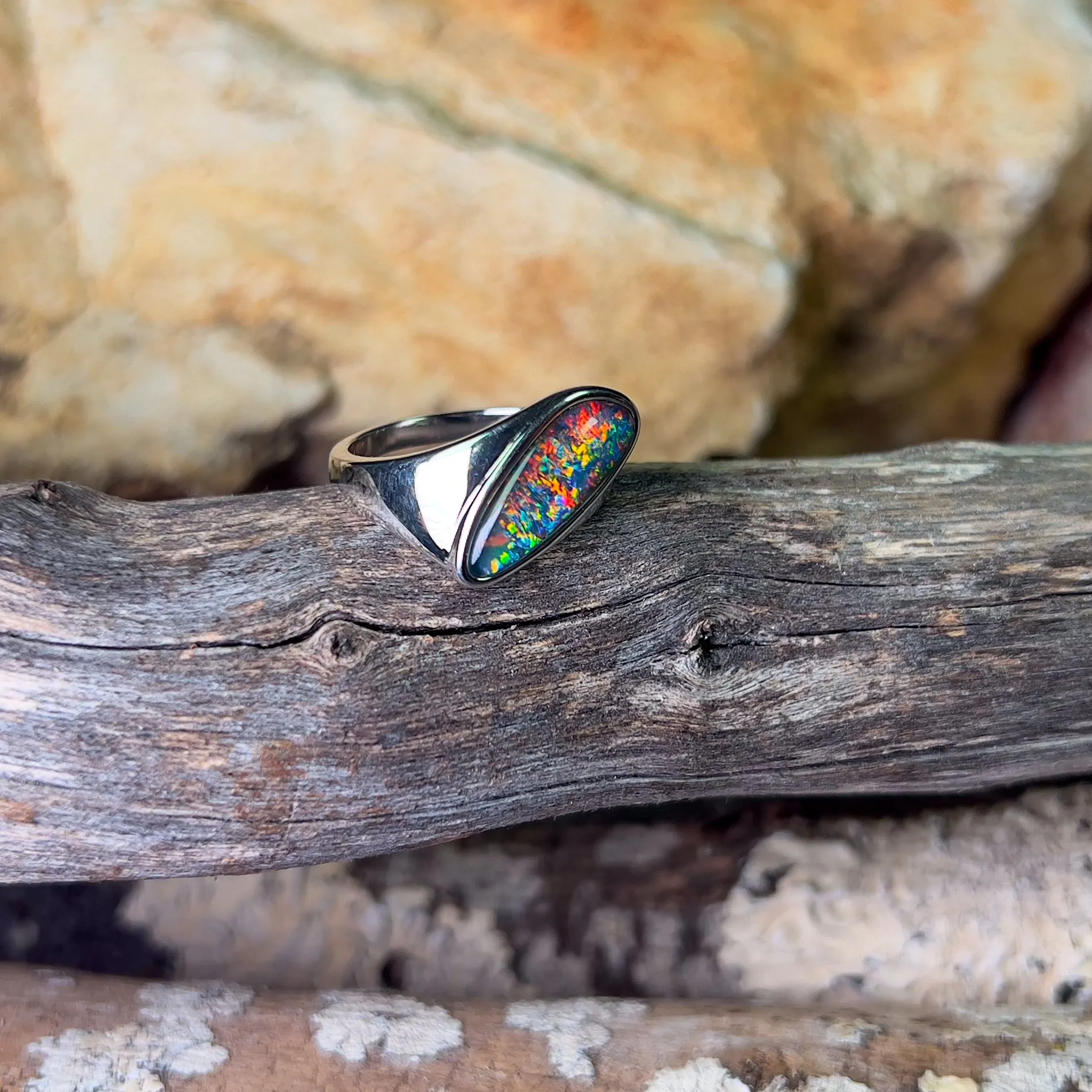 Sterling Silver shaped mens thin band with Opal triplet ring