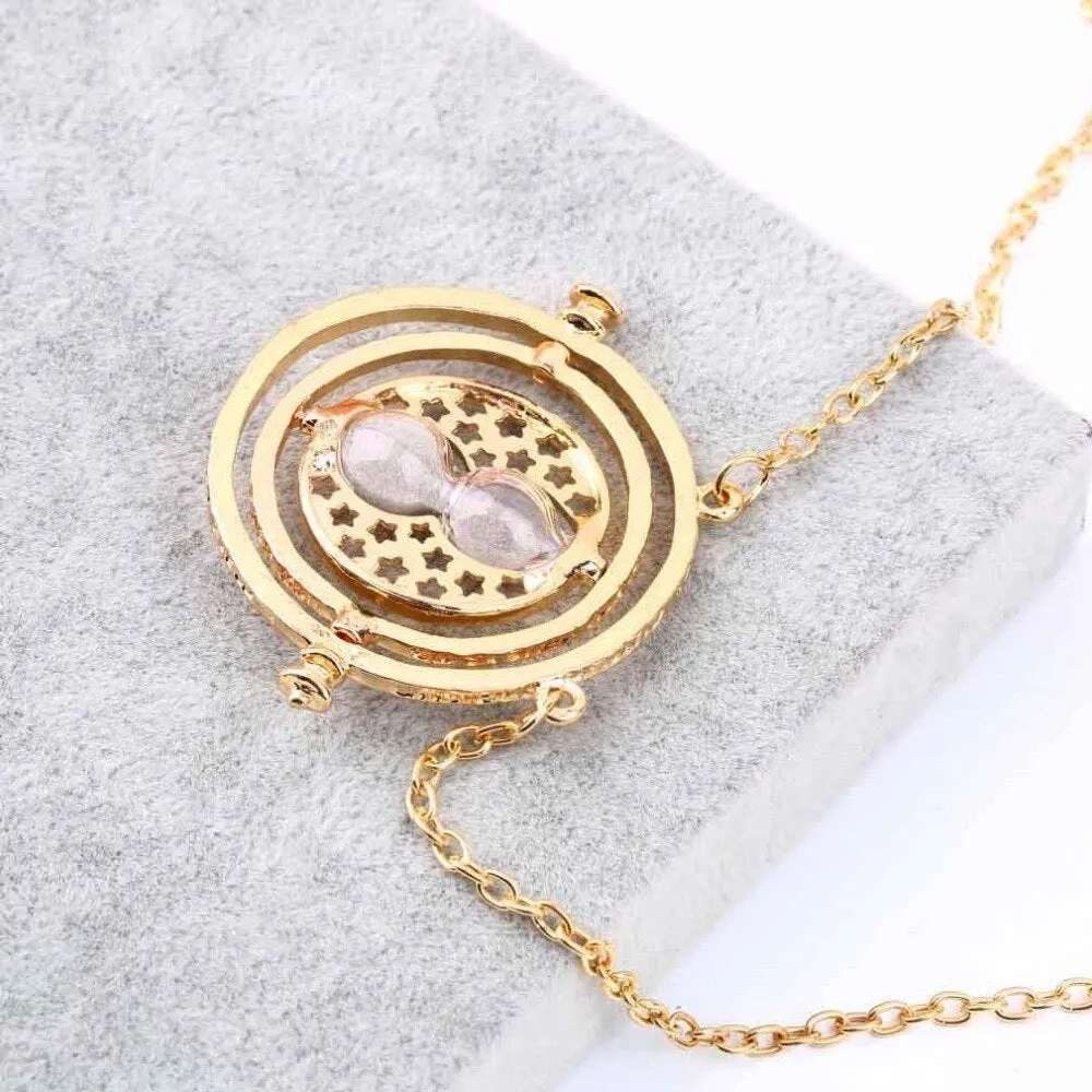 Time Turner Necklace Rotating Spins Gold Hourglass Pendant Vintage Round