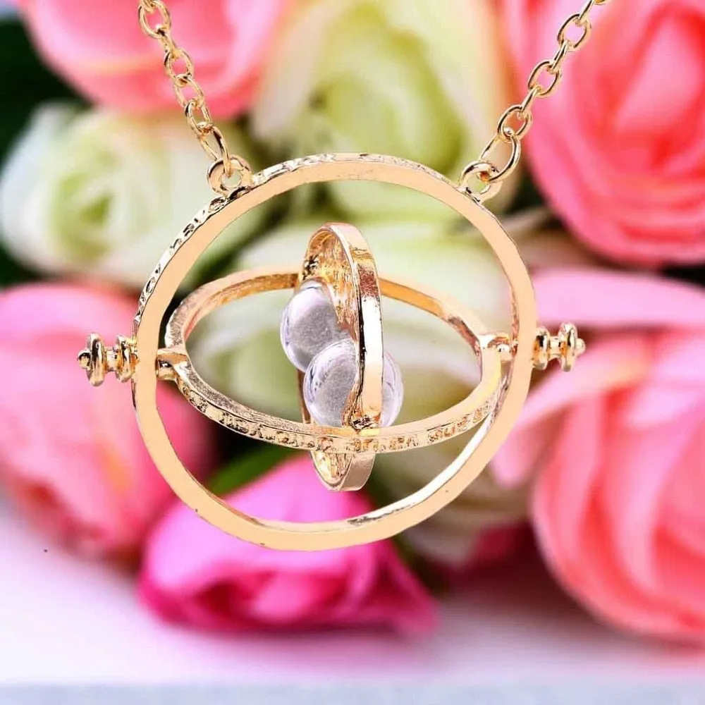 Time Turner Necklace Rotating Spins Gold Hourglass Pendant Vintage Round