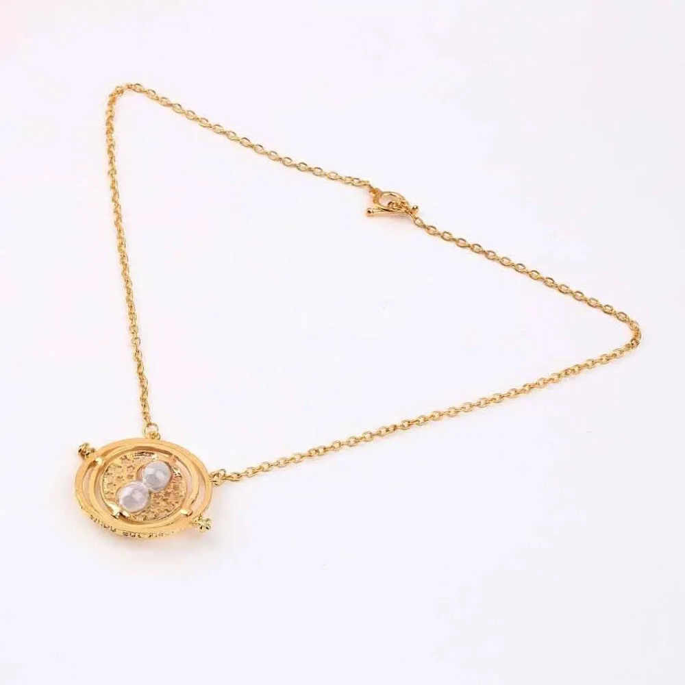 Time Turner Necklace Rotating Spins Gold Hourglass Pendant Vintage Round