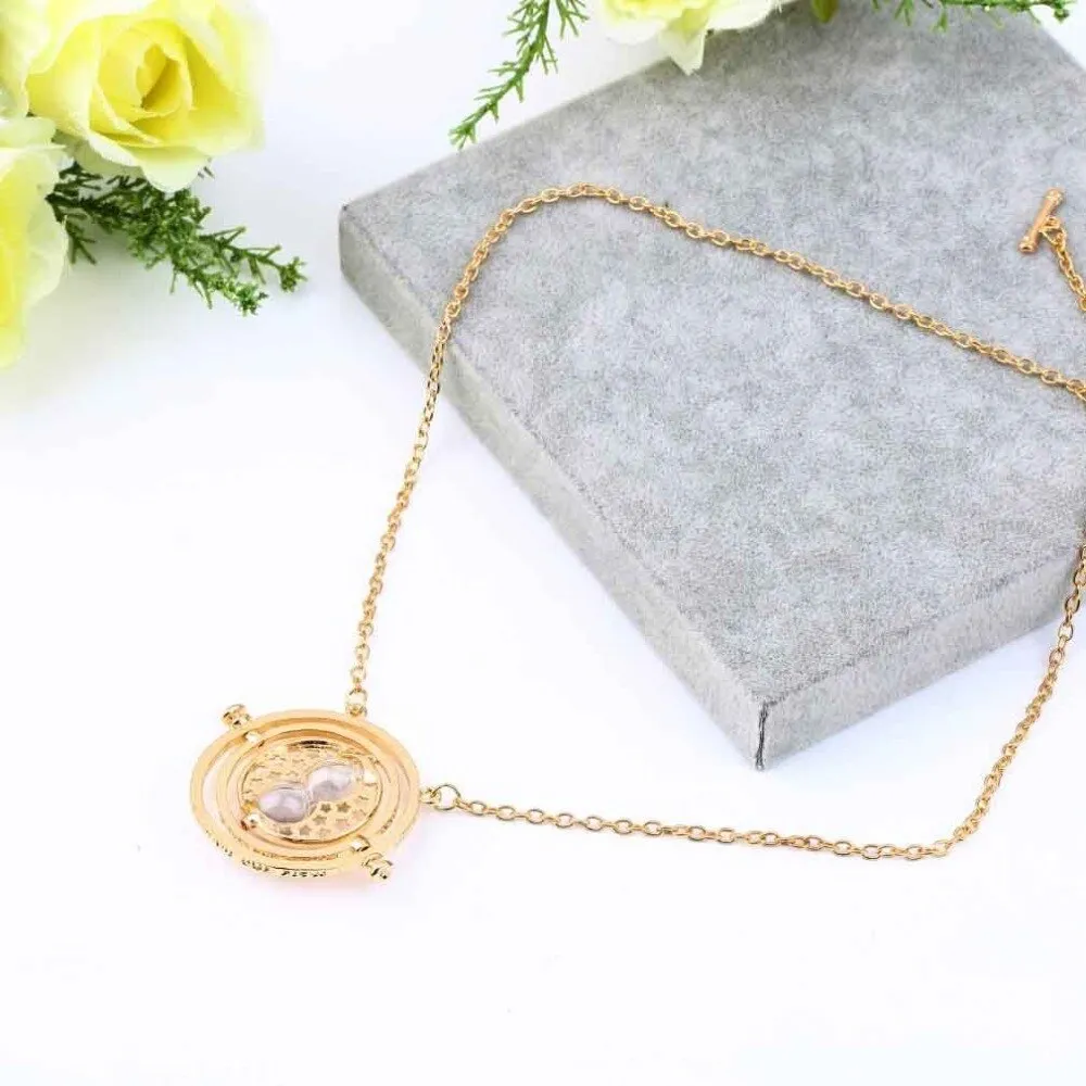 Time Turner Necklace Rotating Spins Gold Hourglass Pendant Vintage Round