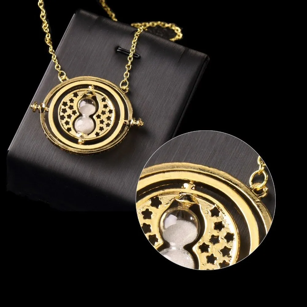 Time Turner Necklace Rotating Spins Gold Hourglass Pendant Vintage Round